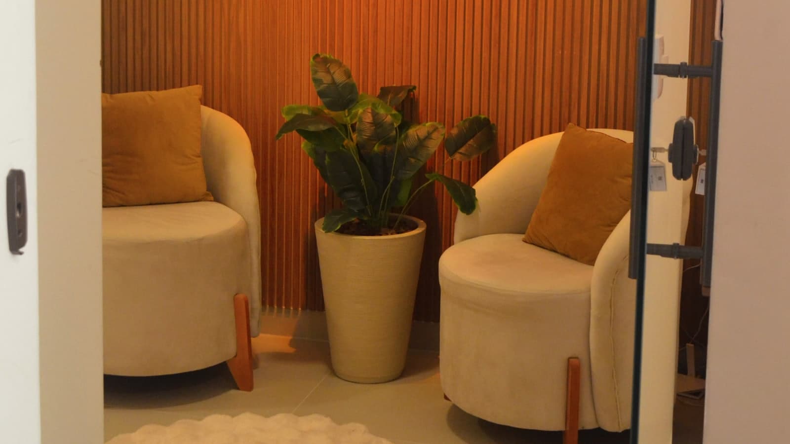 Dos sillones enfrentados con una planta en el consultorio de un psicólogo